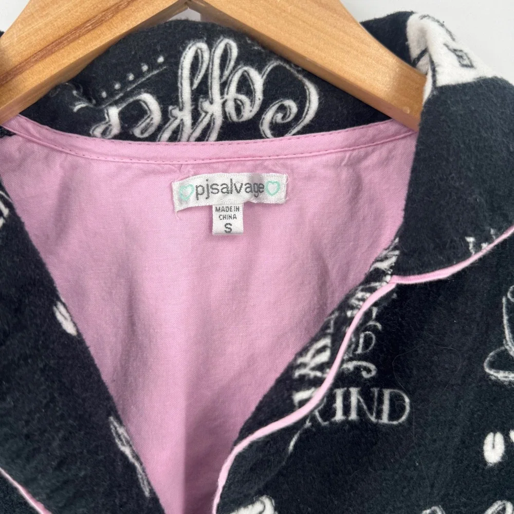 PJ Salvage Pajama Set Women S Black Coffee Print Flannel Button Front Pants - Picture 2 of 12